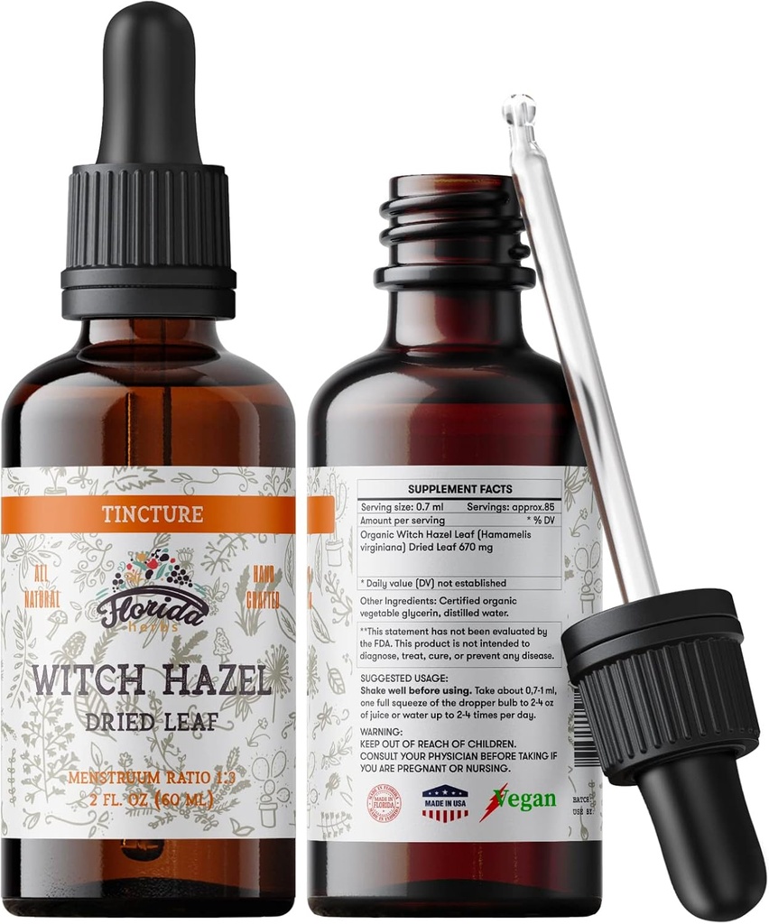 Witch Hazel Leaf Tinktur, Witch Hazel Leaf Extract (Hamamelis Virginia) Urtetilskud, Non- GMO i cold- presset økologisk vegetabilsk glycerin 2 x 2 oz, 700 mg, 2 oz (60 ml)