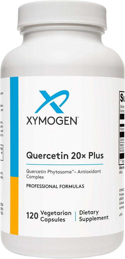 XYMOGEN Quercetin 20 × Plus - Quercetin Kosttilskud - Kompleks med vitamin C, N- Acetyl- L- Cysteine & Nettles - Formuleret til respiratorisk support - Vegan & Gluten- Free (120 kapsler)