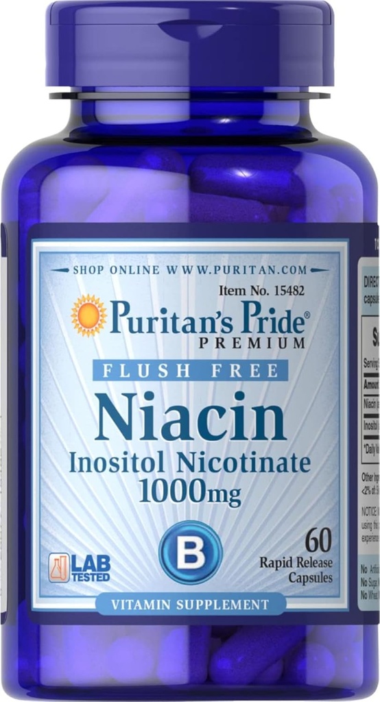Puritans Pride Flush Free Niacin Inositol Nicotinat 1000 Mg- 60 Kapsler, 60 Tæl