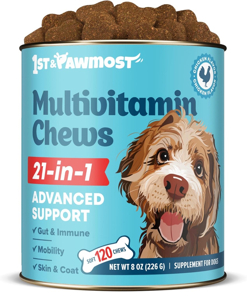 21-in-1 Hund Multivitamin - Hundevitaminer og kosttilskud til ældre hunde og hvalpe - Multivitamin til hunde til hud, Coat, hjerte, immunstøtte - Hund Multivitaminer Chewable for Joint Support -120pcs