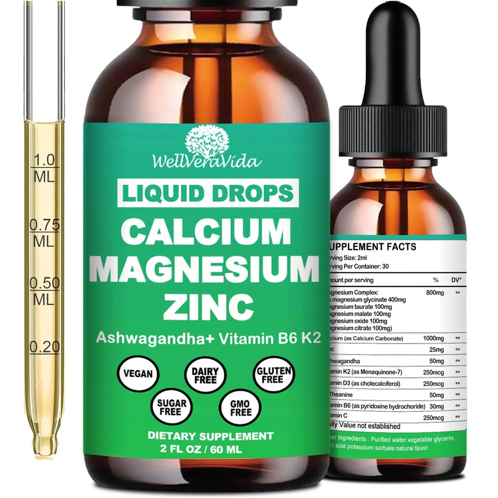 Calcium Magnesium Zink flydende dråber med vitamin D3 K2, høj potens Calcium Magnesium supplement w / Magnesium kompleks, zink, Theanine Gluten fri for immun, ben, muskel, mood & dvalestøtte