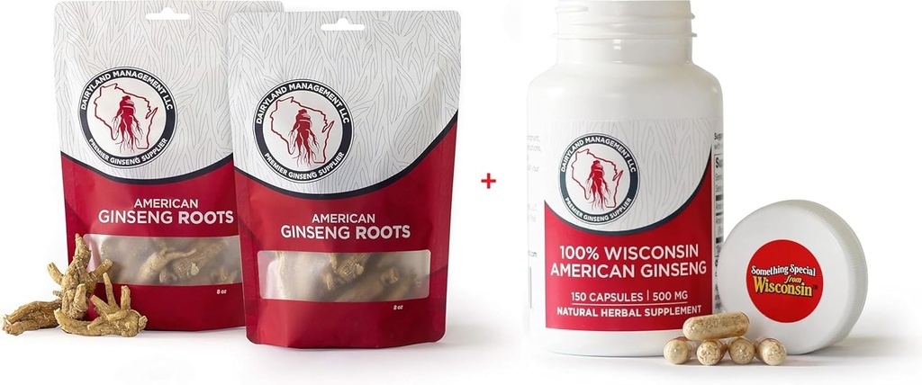 Dairyland American Ginseng Roots 16 oz og Kapsler 150 ct Pack of Wisconsin Ginseng - Direkte fra Farmer til Consumer
