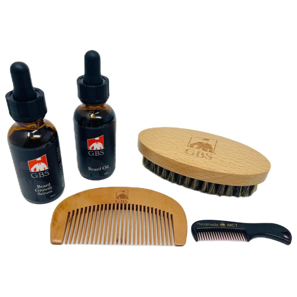 G.B.S All Natural Beard Grooming Set - Inkluderer Wooden Beard Comb, Travel Beard Brush, og Mustache Comb - Perfekt til enhver hår tekstur