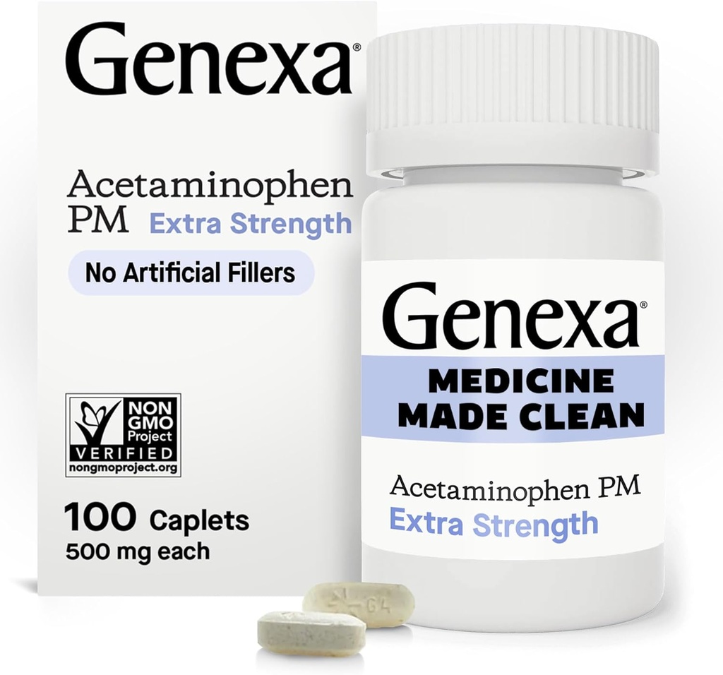Genexa Clean Acetaminophen PM 500mg Extra Strength, Dye Free Pain Reliever, Nighttime Sleep Aid, Feber Reducer, 0% kunstige tilsætningsstoffer, Relieves Hovedpine, Backache, Mindre Gigt Smerte, 100 tabletter