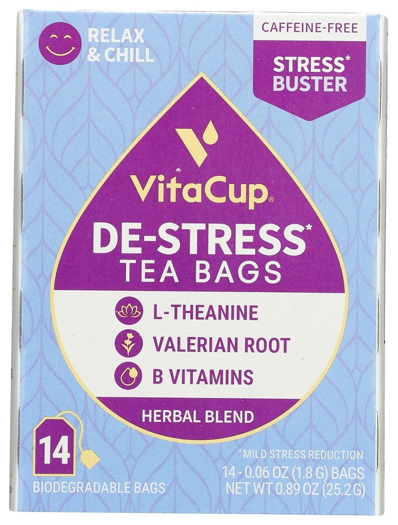 DeStress Herbal Tea Tasker af VitaCup, Relax & Chill w / Kamille, L- Theanine, Valerian Root & B Vitaminer, Koffein Free Single Serve Wellness Tea Sachet Bag, 14 ct