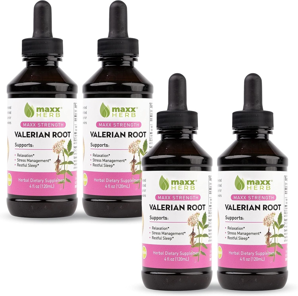Maxx Herb Valerian Root Extract - Max Strength, Flydende Valerian Root Absorbs bedre end kapsler, for afslapning og rolig søvn, Alkoholfri - 4 flasker, 4 Oz Hver (240 Servere)