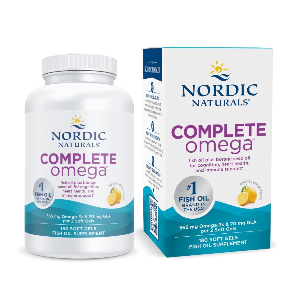 Nordic Naturals Complete Omega, Lemon Flavor - 180 Soft Gels - 565 mg Omega-3 - EPA & DHA med tilsat GLA - Sund hud, kognition, & positiv mood - ikke-GMO - 90 Servering