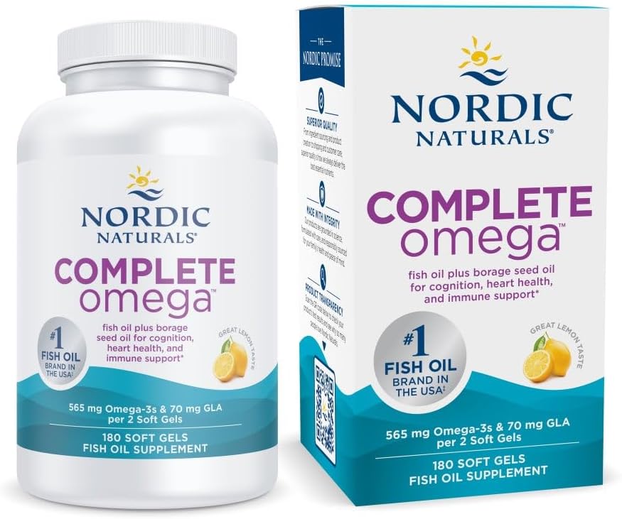 Nordic Naturals Complete Omega, Lemon Flavor - 180 Soft Gels - 565 mg Omega-3 - EPA & DHA with Added GLA - Healthy Skin, Cognition, & Positive Mood - Non-GMO - 90 Servings