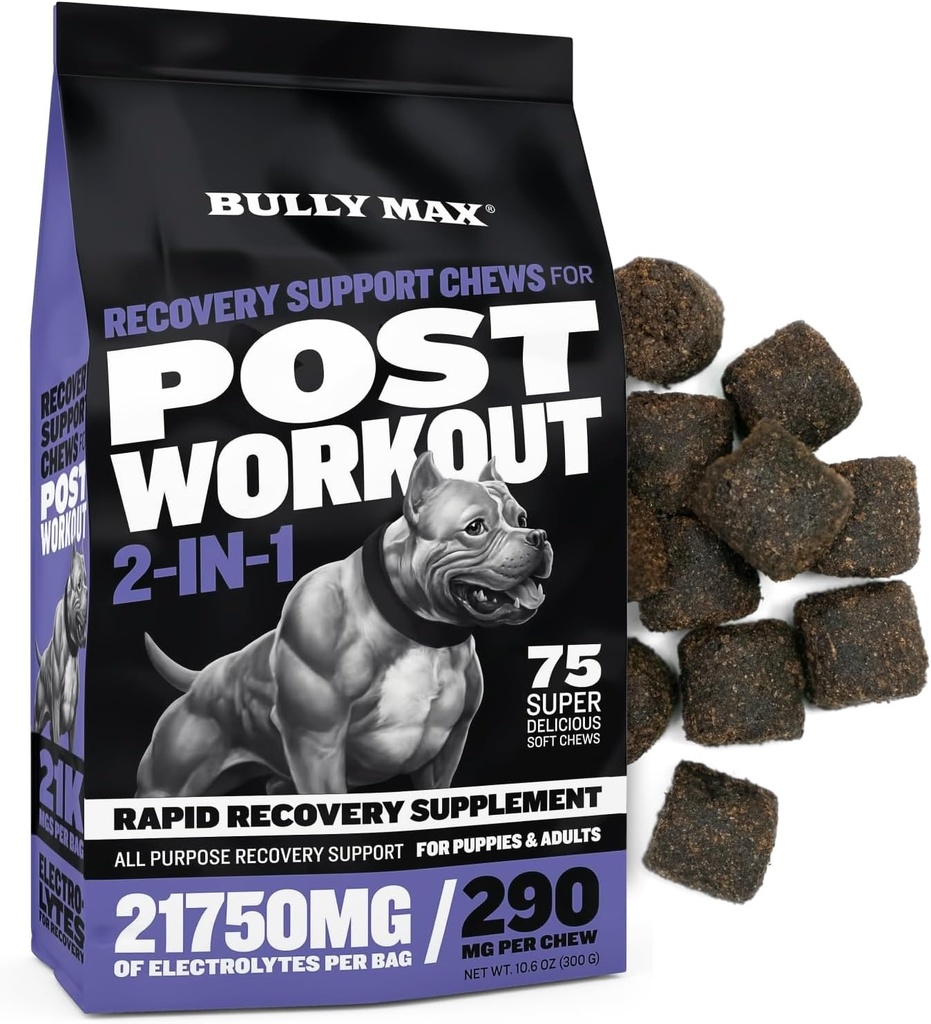 Bully Max 2- in-1 Post- workout Recovery Support Chews - Hundevitaminer og kosttilskud til små og store racer - Hvalpe og voksne hunde Hydration & Electrolyte Replenison - 75 bløde og smagfulde tykkere