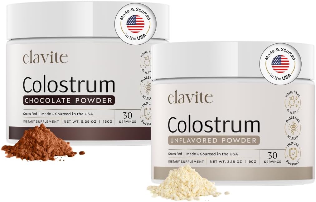 Bovin Colostrum Powder (60 Servere) Bundle Græs Fed Colostrum for kvinder & mænd - Supplement for sundt hår, hud & negle - Chokolade & Unflavored - Made in USA