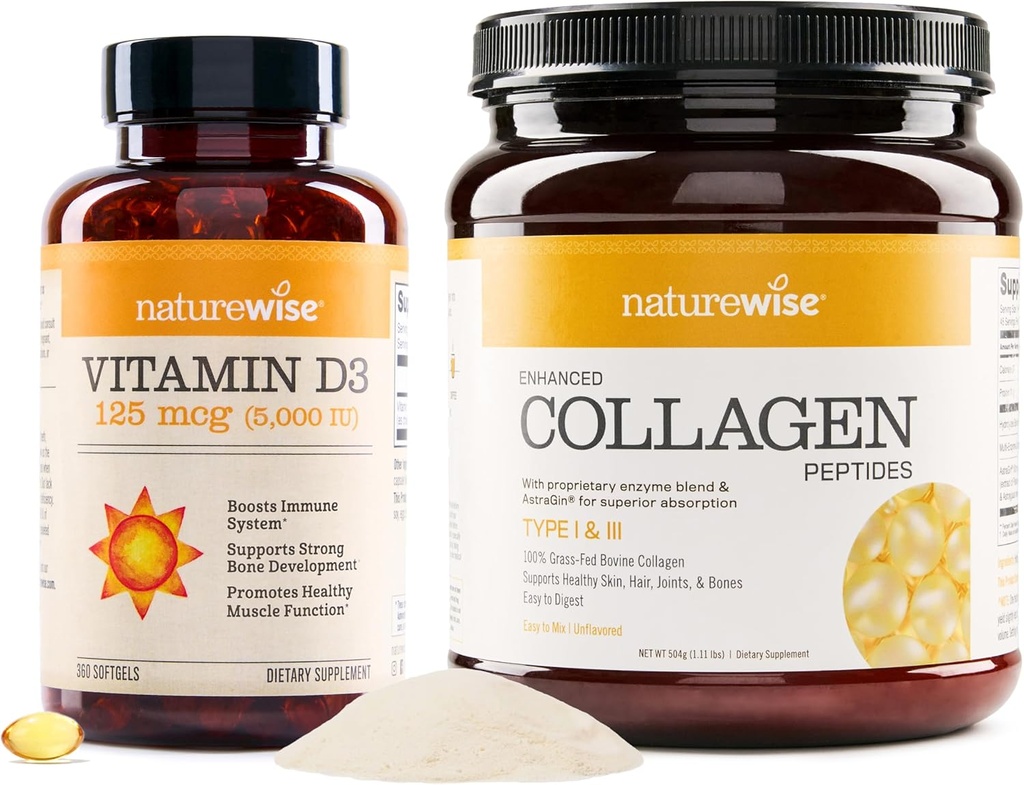 NatureWise D3 5000iu (125 mcg) 1 År Tilgang til sund muskelfunktion Forbedret Collagen Peptider (45 Servere) - Hydrolyseret type I & III