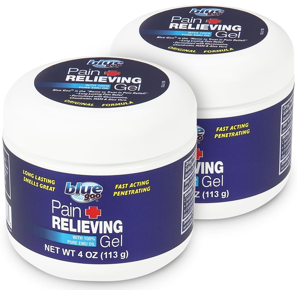 Blue Goo Pain Lemping Gel - for Tilbage, Hals, Muskel og fælles smerte, Fast- Fungerende køling og lindrende lindring med 100% Pure Emu Oil, 4 oz (2 Pack)