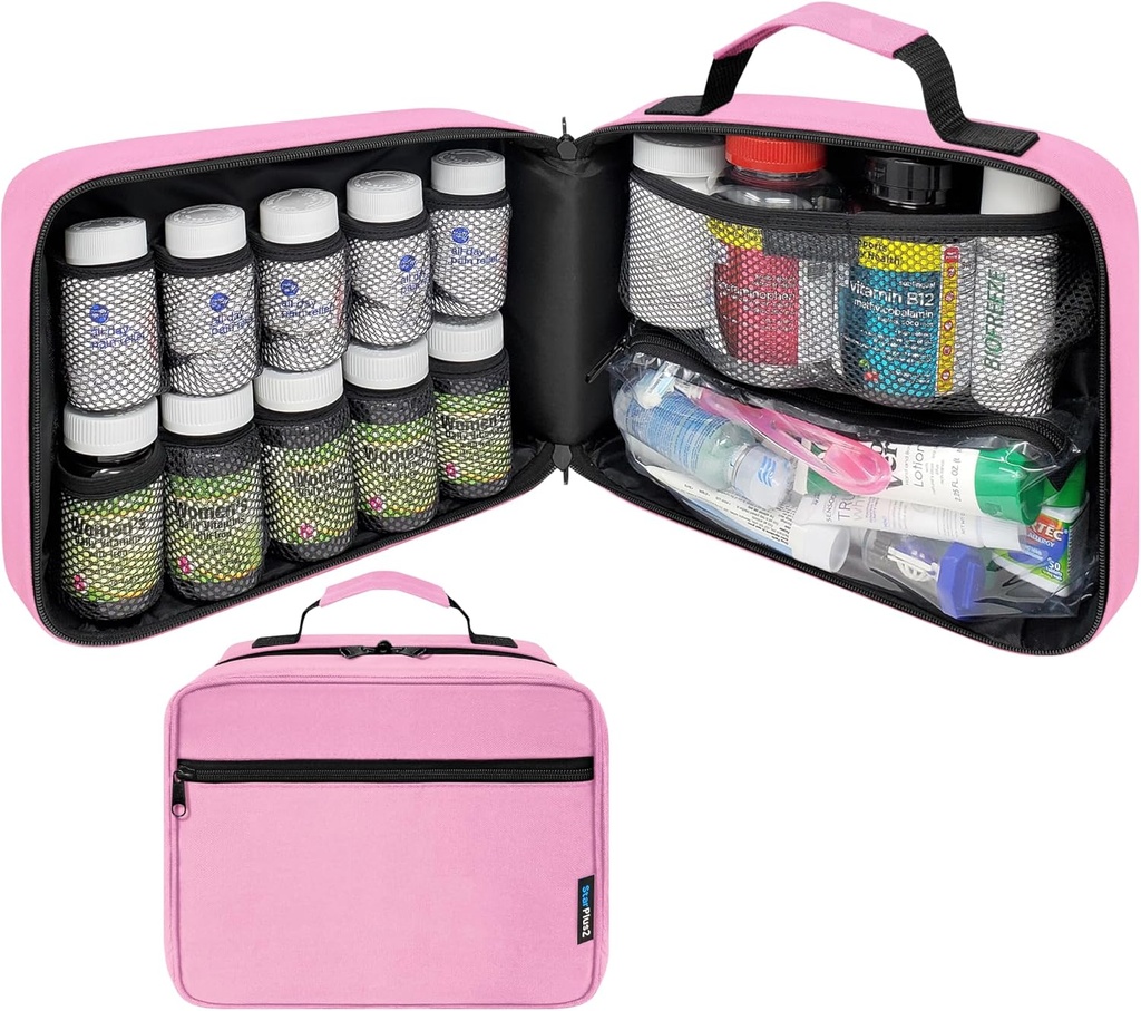 Large Padded Pill Bottle Organizer, Medicine Bag, Case, Carrier for Medications, Vitamins, and Medical Supplies - Travel Medicine Organizer and Home Storage Med Bag - Pink (Without Lock)