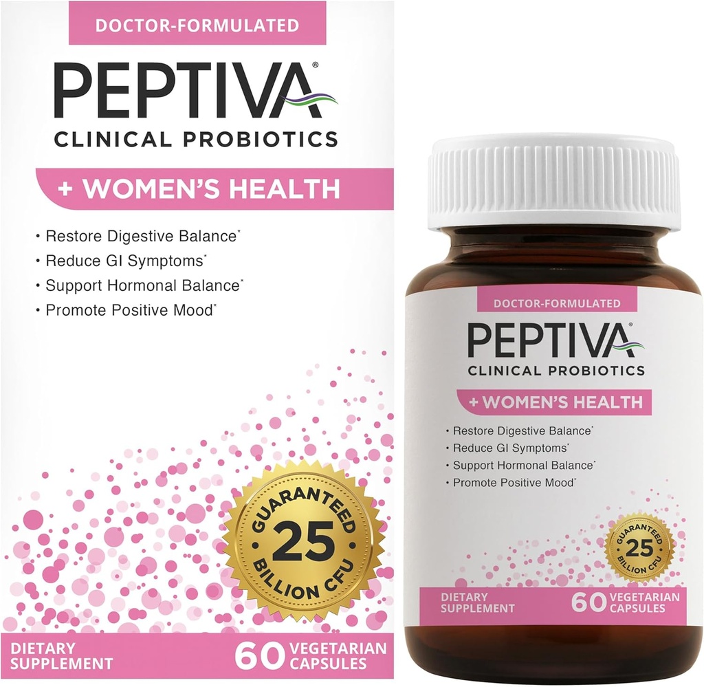Peptiva Probiotika for kvinders sundhed - Kvinder Probiotiske og fordøjelsesmæssige Support, 25 Millioner CFU, Multi- Strain Probiotic, Lactobacillus Acidophilus, Bifidobacterium - 60 Vegetariske Kapsler