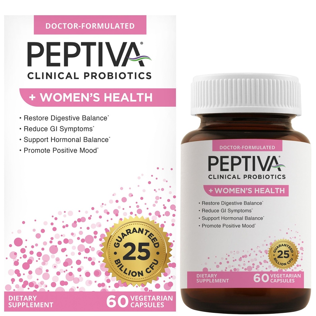 Peptiva Probiotika for kvinders sundhed - Kvinder Probiotiske og fordøjelsesmæssige Support, 25 Millioner CFU, Multi- Strain Probiotic, Lactobacillus Acidophilus, Bifidobacterium - 60 Vegetariske Kapsler