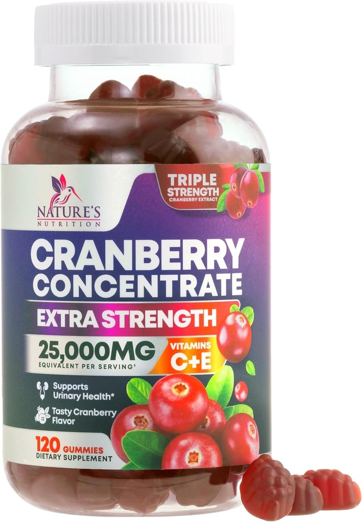 Cranberry Gummies 50: 1 Cranberry Extract - Urinary Tract Support Made with 25,000mg, Hjælper Cleanse & Protect, Cran Berry Gummy Supplement + C-vitamin, Chewable Cran Pills for Women - 120 Gummies