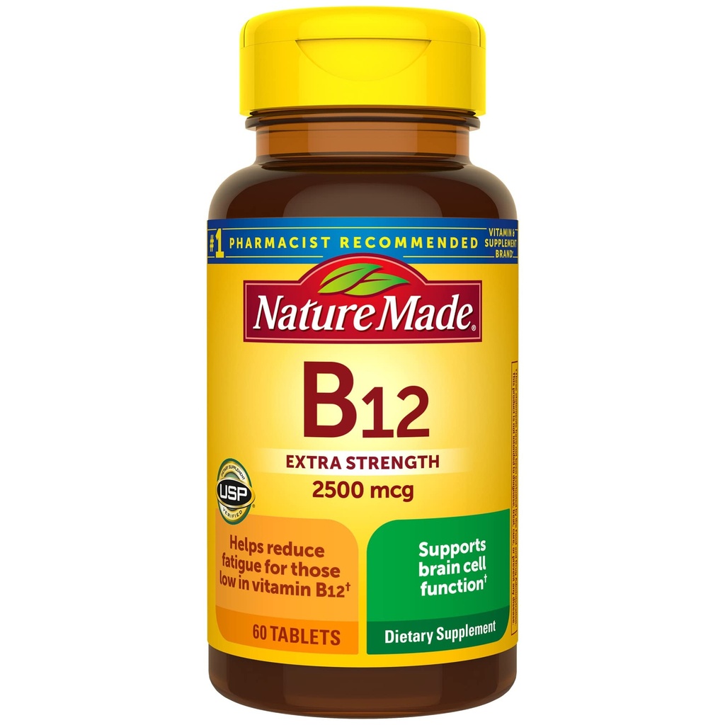 Nature Made Extra Strength Vitamin B12 2500 mcg, Kosttilskud til energi Metabolisme Support, 60 tabletter, 60 dages forsyning