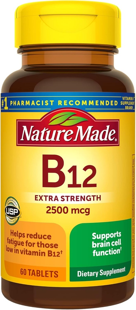Nature Made Extra Strength Vitamin B12 2500 mcg, Kosttilskud til energi Metabolisme Support, 60 tabletter, 60 dages forsyning