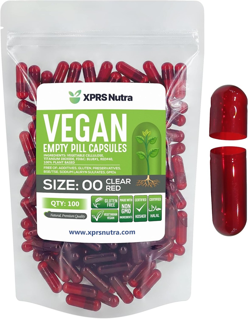 XPRS Nutra Størrelse 00 Tomme kapsler - 100 Grev Tomme Veganske kapsler - Vegetariske Tomme piller - selv vegetabilsk Capsule Filling- Veggie Pill Caps (Clear Red)