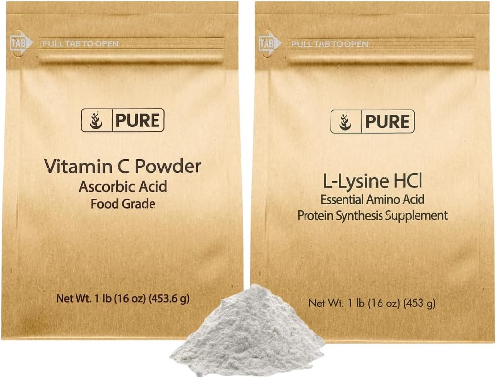 PURE ORIGINAL INGREDIENSER L- Lysin HCI og Vitamn C Powder Bundle, 1 LB Hver, Non-GMO, Gluten Free, Kosttilskud