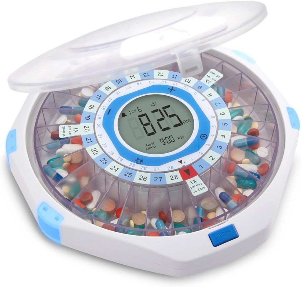 LiveFine WiFi Automatic Pill Dispenser og Remote Medication Monitoring System med låsenøgle, 28-dages Medication Organizer Op til 9 doser Per, Justerbar lys / lyd alarmer til receptioner & Vitami