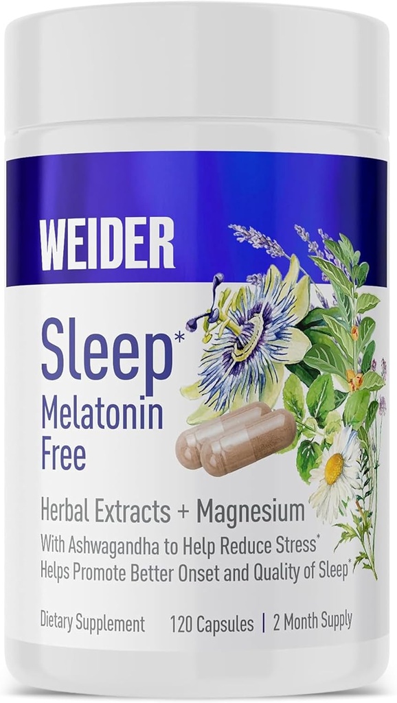 Weider Melatonin Free Sleep Aid Supplement med KSM- 66 Ashwagandha, Magnesium, Lavender, Lemon Balm, Kamille, Valerian og Passionflower Ekstrakter, Hormone & Drug- Gratis, Non- Habit Forming, 120ct