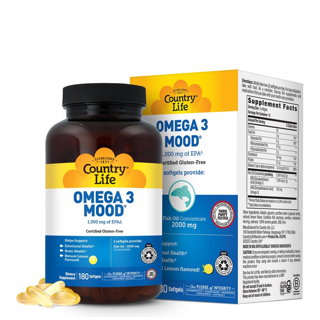 Country Life Omega 3 Fish Oil Supplement - Høj koncentration EPA og DHA Omega 3 Fedtsyrer - 2000mg Fish Oil til følelsesmæssig sundhed, Mood Support, og ingen fisk smag - Natural Lemon Flavor