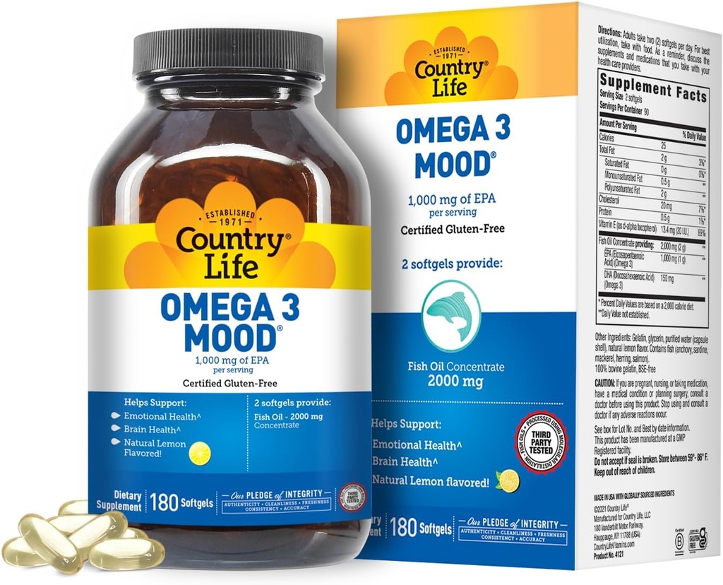 Country Life Omega 3 Fish Oil Supplement - High Concentration EPA and DHA Omega 3 Fatty Acids - 2000mg Fish Oil for Emotional Health, Mood Support, and No Fish Taste - Natural Lemon Flavor