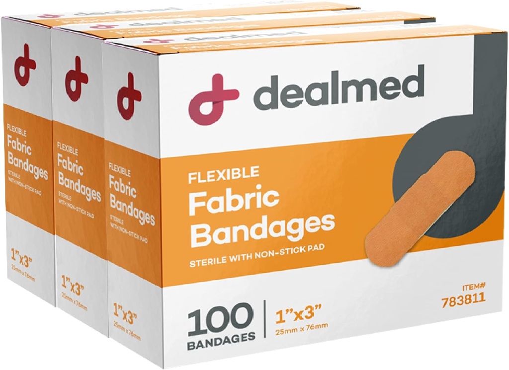Dealmed Steril Fleksibel stof vedhæftede bandager - 1x3 tommer - 100 / Box - 3 bokse - Breathable First Aid Strip Pack - Soft Stretch Wound Patch For Medical, Emergency Kits & Clinic