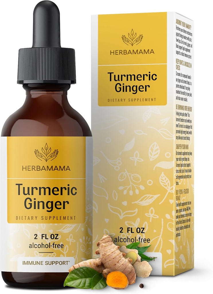 HERBAMAMA Gurkemeje og ingefær supplement - Vegansk immunblend med flydende ingefær rod, gurkemeje & sort peber ekstrakt - Non- GMO, Alkohol & sukker- fri Immunitetsdråber