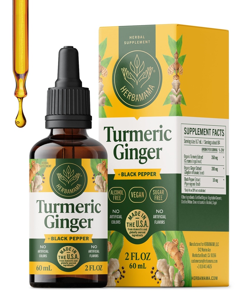 HERBAMAMA Gurkemeje og ingefær supplement - Vegansk immunblend med flydende ingefær rod, gurkemeje & sort peber ekstrakt - Non- GMO, Alkohol & sukker- fri Immunitetsdråber