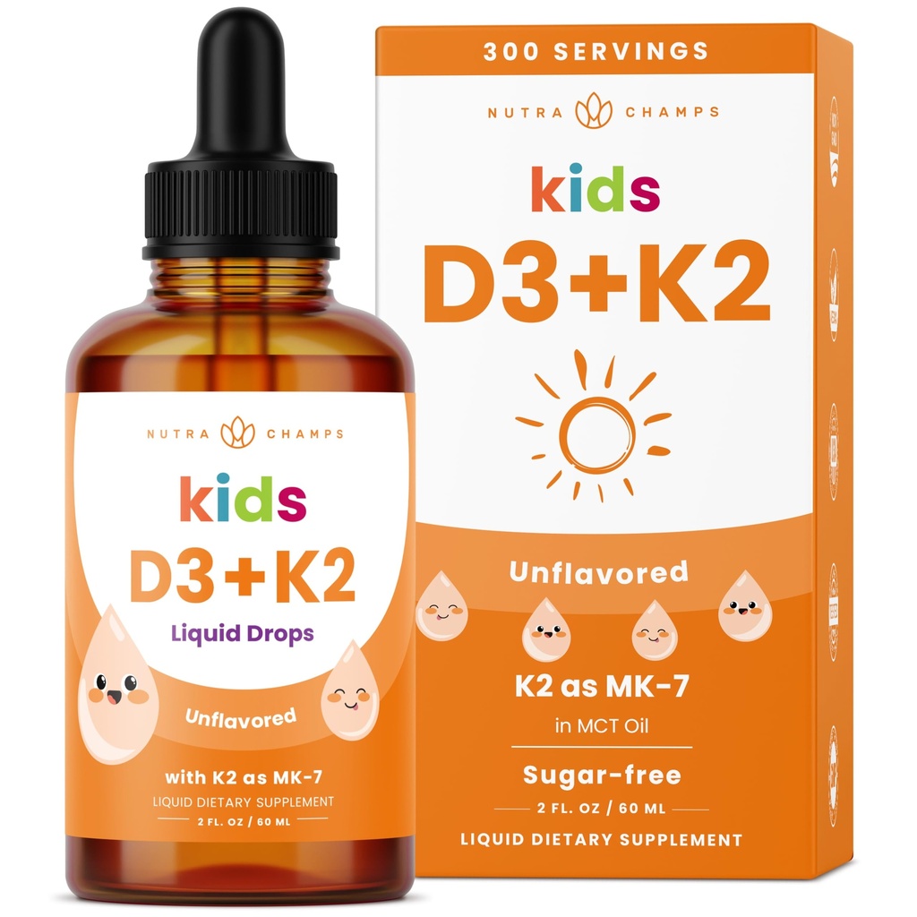NutraChamps Kids D-vitamin 3 K2 Drops, D3- vitamin & K2 MK- 7, flydende D-vitamin til børn 1000 IE, sunde knogler, hjerte & immunsystem, sukker gratis supplement til tandlæger, 300 Servere