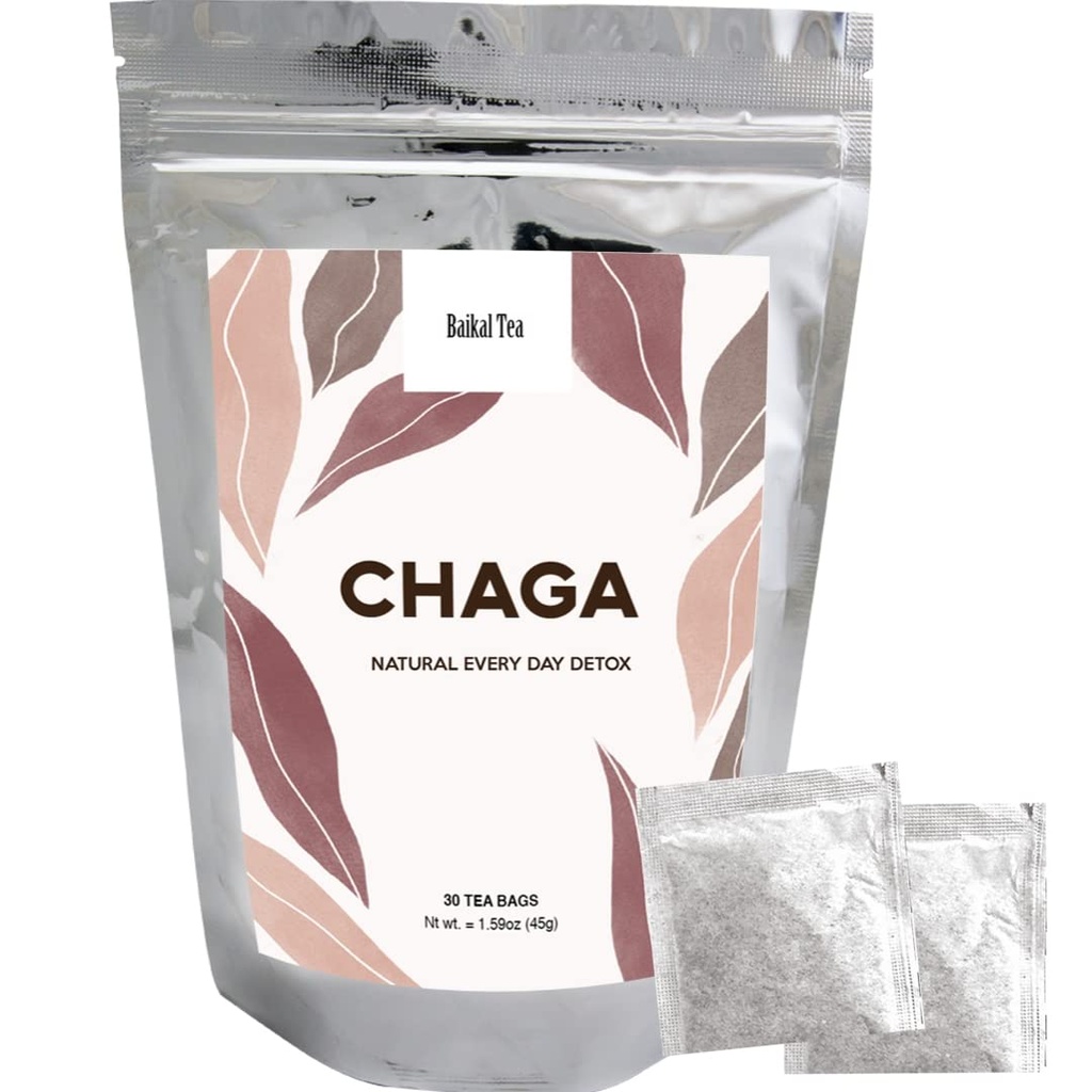 Chaga Tea - 100% Wild Sibirisk Birch Chaga Mushroom - Økologisk - 30 Ubleget Tea Tasker - Pure Ingen Tilsætningsstoffer - Naturlig Detox og fordøjelsesstøtte - Hånd- Picked by Baikal Tea
