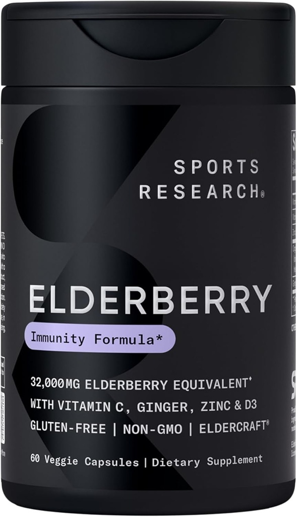 Sport Forskning Sort Elderberry med zink, C-vitamin, & D-vitamin, immunforsvar supplement til voksne, 60 kapsler