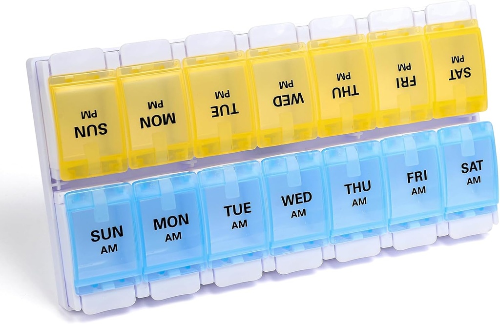 Sukuos AM PM Weekly Pill Organizer 7 dag, 2 gange en dag medicin pill boks med nem trykknap, BPA gratis vitamin sager for fiskeolie / kosttilskud, let at rengøre (gul og blå)