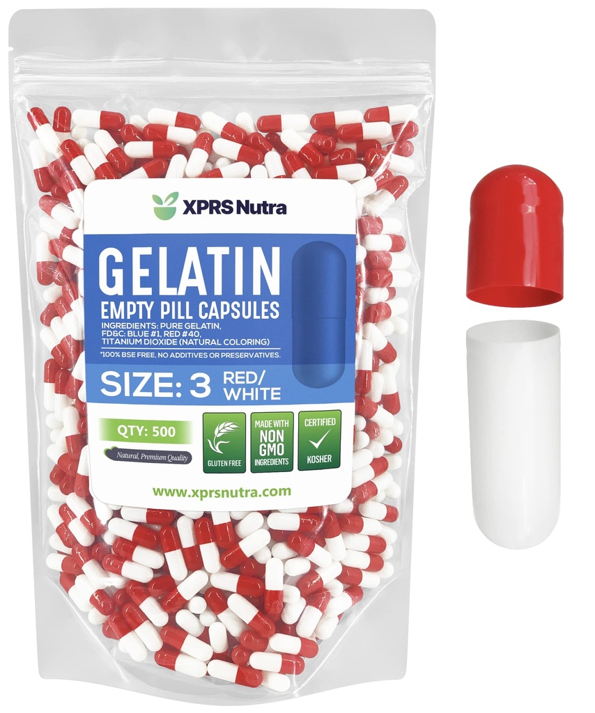 XPRS Nutra Størrelse 3 Tomme kapsler - 500 Tomme Gelatine kapsler - Piller gør det - Pure Bovin Pille Gel Caps til Do- It- Yourself Kosttilskud (rød / hvid)
