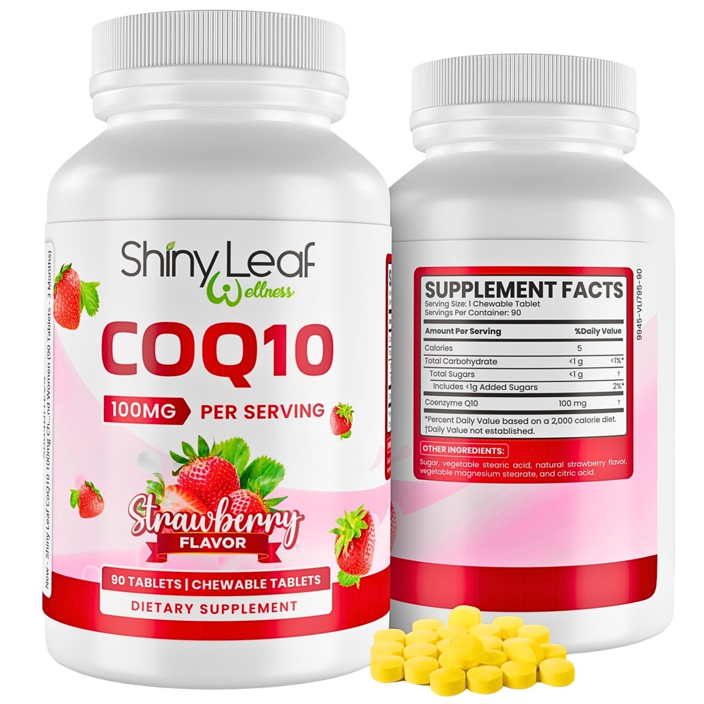 Shiny Leaf CoQ10 100mg - Chewable CoQ10 Supplement - Coenzym Q10 for Heart Health & Energy - Natural Co Q 10 Supplement for Cardiovaskulær Wellness - 100mg tyggetabletter, 90 tabletter, Made in USA