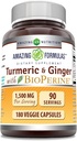 Amazing Formulas Gurkemeje Curcumin & Ingefær med BioPerine Supplementet 124; 1500 Mg Per Serving Medic124; 180 Veggie Kapsler 124; Non- GMO Medic124; Gluten Free Medical 124; Lavet i USA Medical 124; Ideel til vegetarer