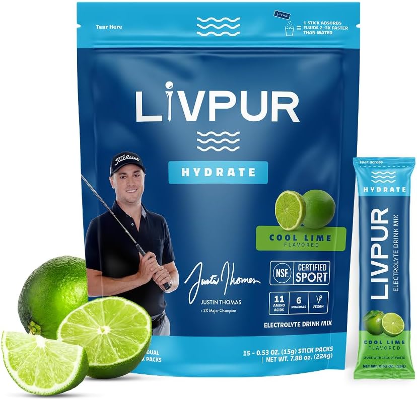 LivPur Electrolyte Drink Mix, Instant Hydration Pulver med C-vitamin, B6, B12 & essentielle Aminosyrer til muskelstøtte & immunforsvar, Sports Essentials, Cool Lime Flavor, 15 Stick Packs