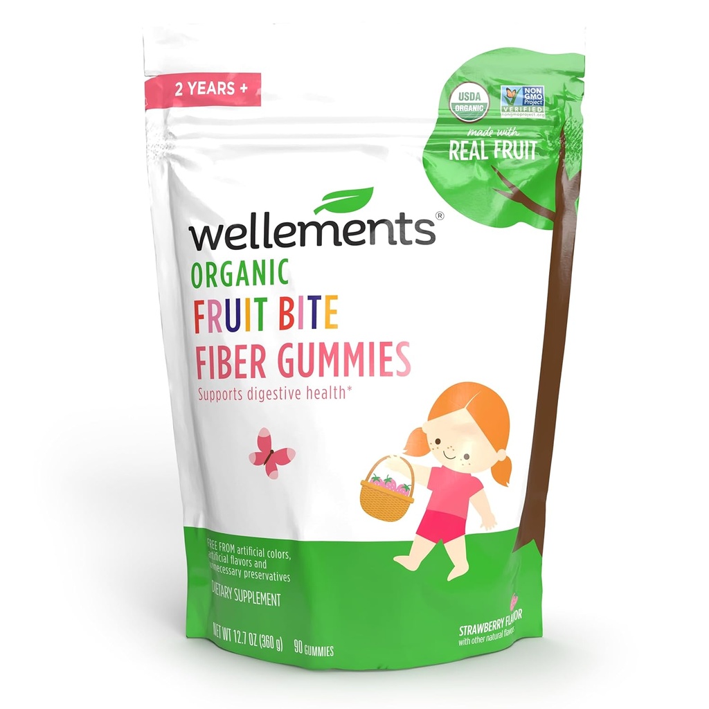 Wellows Organic Fiber Fruit Bite Gummies Measures 124; Understøtter Kids & Toddlers fordøjelsessundhed * Measures 124; Made w / REAL FRUIT Measures 124; 3g Fiber Per Serving Measures 124; Yummy Strawberry Flavor Measures 124; Age 2 +