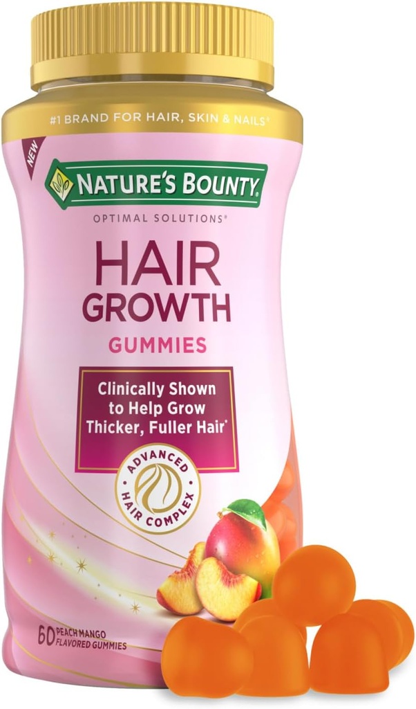 Nature 's Bounty Hair Growth Gummies for Support Thicker, Fuller Hår med Biotin, Silicon & Arginin, Peach Mango Flavor - Gluten Free, Indeholder ingen laktose, natrium eller fisk, 60 greve / 30 Servere