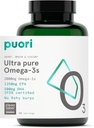 Puori Omega 3 Fish Oil Supplement - Ultra Pure & Burpless Wild fanget Fish Oil med 2000mg Omega 3 Fedtsyrer, 1250mg EPA & 500mg DHA understøtter hjerte, hjerne og øje sundhed - IFOS Certificeret - 120 Softgels