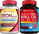 Lægens opskrifter Iron Bisglycinate & Krill Oil Bundle, Blood & Energy Support, Joint, Brain and Eye Health Support, No Gluten, Probiotika (60 kapsler) & Krill Oil (60 bløddele)