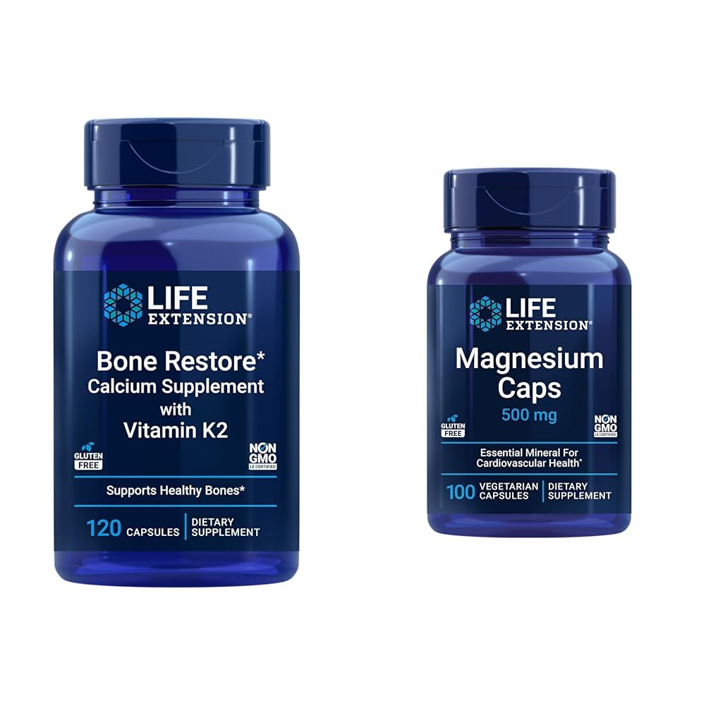 Life Extension Bone Restore + vitamin K2 Vitamin & Min Bevar Knoglesundhed & Styrke & Magnesium Caps, 500 mg, Magnesium Oxide, Citrat, Succinat, Heart Health, Sunde Knogler