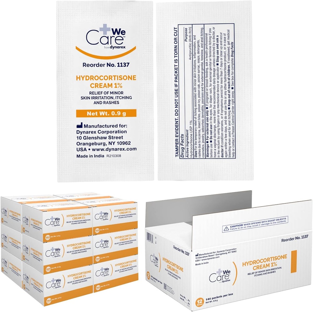 Dynarex Hydrocortison Cream - topisk Anti- Itch Hydrocortison Salve til midlertidig lindring af mindre hud klø, udslæt, irritation - Portable, let at anvende, til ekstern brug kun - .9g Packet