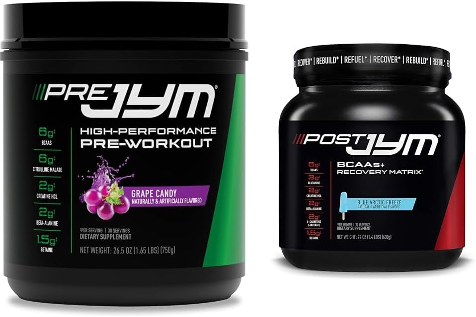 Pre JYM Grape Candy Pre Workout, Post JYM Active Matrix Post- Workout med BCAA, Create HCI, Beta- Alanine Measures 124; 30 Servere hver