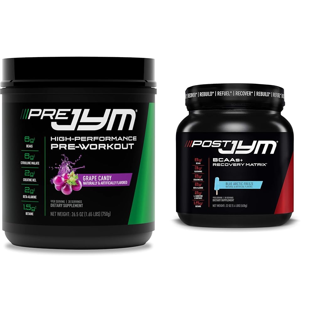 Pre JYM Grape Candy Pre Workout, Post JYM Active Matrix Post- Workout med BCAA, Create HCI, Beta- Alanine Measures 124; 30 Servere hver