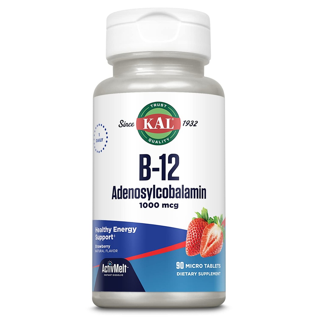KAL Vitamin B12 Adenosylcobalamin 1000 mcg - B 12 Vitamin, Aktiv B- 12 1000mcg til kvinder & mænd, Energistøtte - Jordbær Flavor - 90 ActiveMelt Micro Tablets