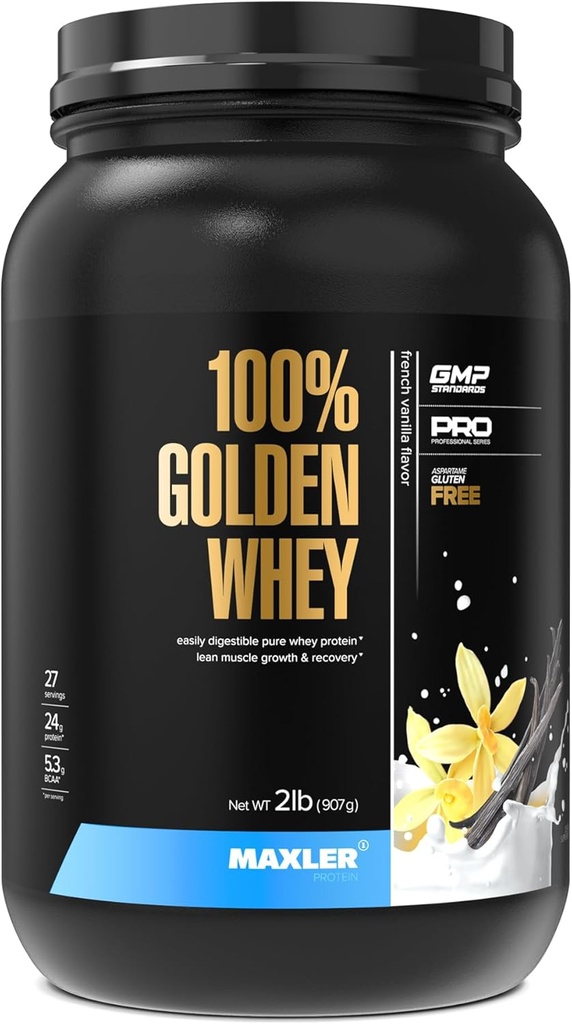 Maxler 100% Golden Whey Protein - 24 g protein per servering - Premium Whey Protein Powder for Pre Post Workout - Fast- Absorbing Whey Koncentrat Isolere Hydrolysat Blend - Fransk Vanilla Protein 2lb