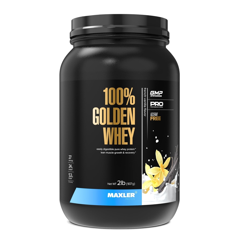 Maxler 100% Golden Whey Protein - 24 g protein per servering - Premium Whey Protein Powder for Pre Post Workout - Fast- Absorbing Whey Koncentrat Isolere Hydrolysat Blend - Fransk Vanilla Protein 2lb